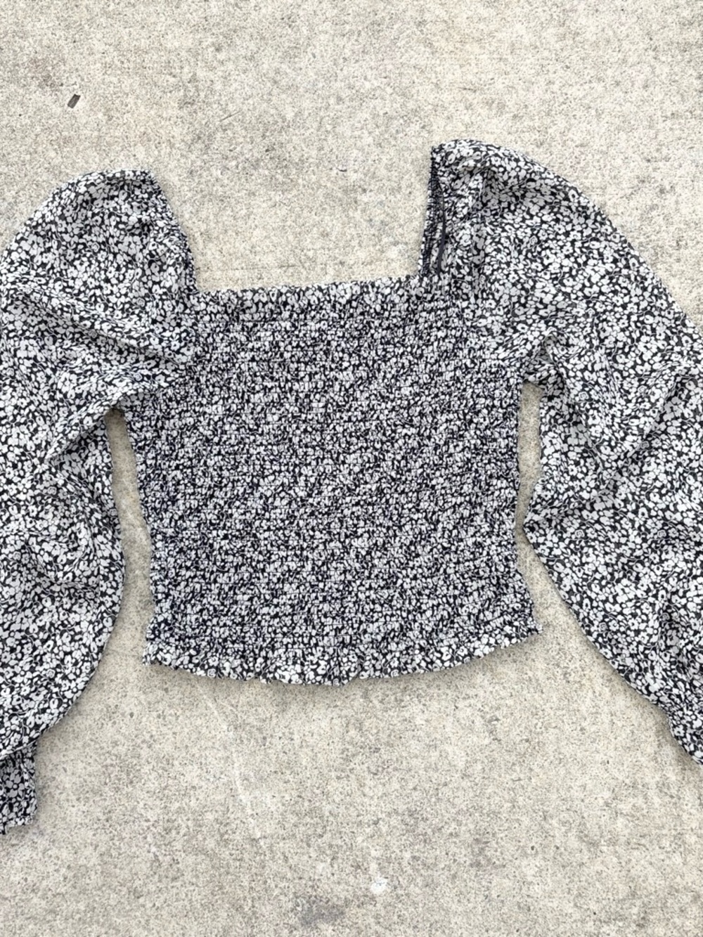 Japna Smocked Square-Neck Long Puff Sleeve Top - Black & White